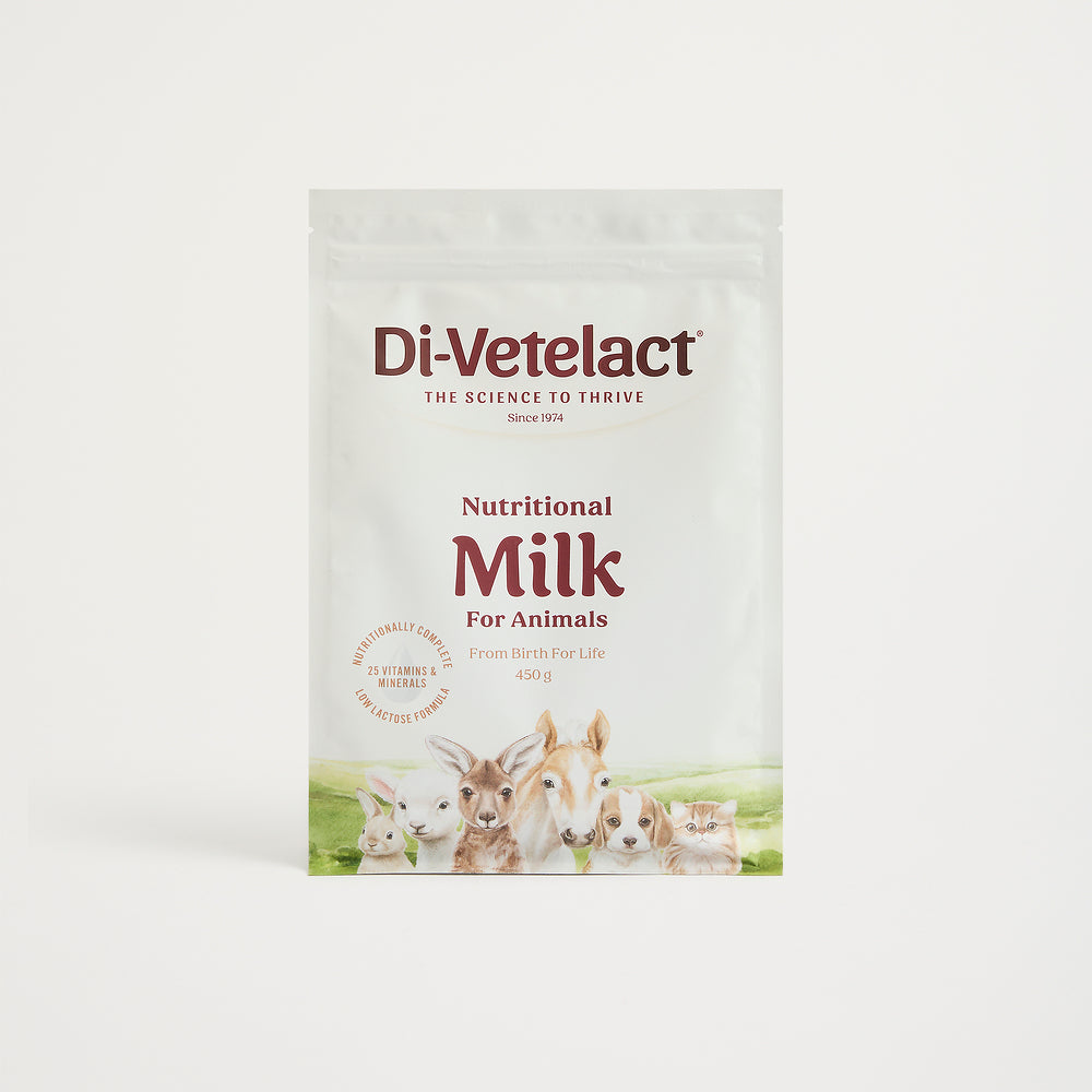 Di-Vetelact Nutritional Milk for animals 450g pouch on a white background