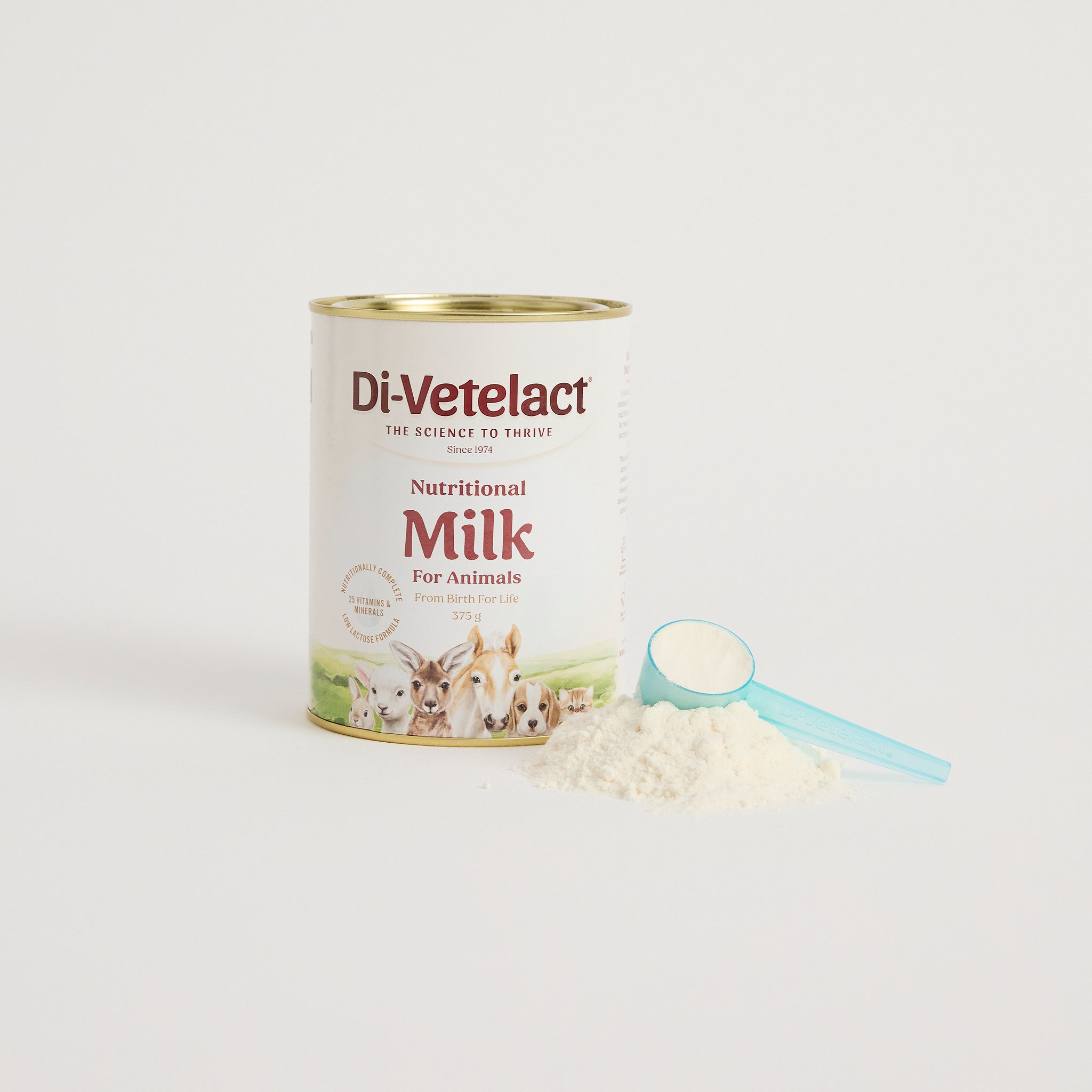 Di-Vetelact Nutritional Milk 357g Can with Scoop and pile of Powder on a light backgound