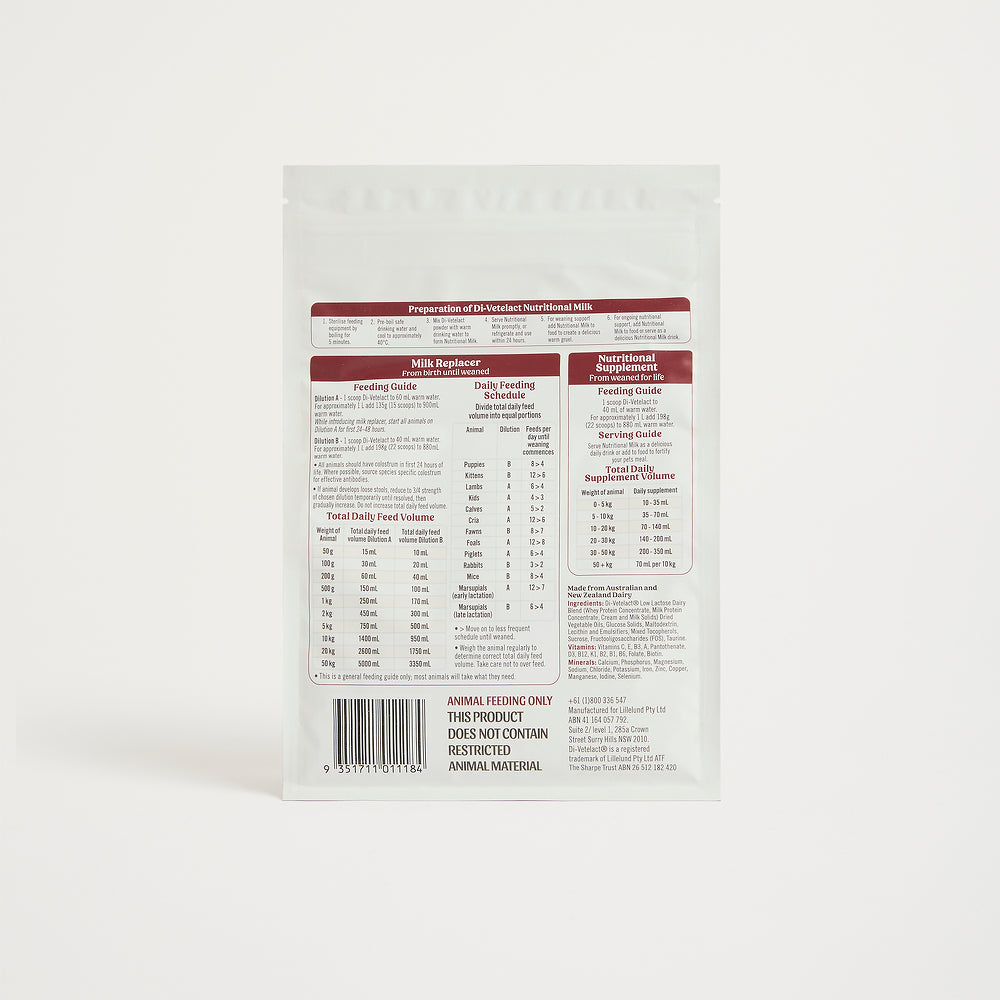 Di-Vetelact Nutritional Milk 450g pouch back of pack