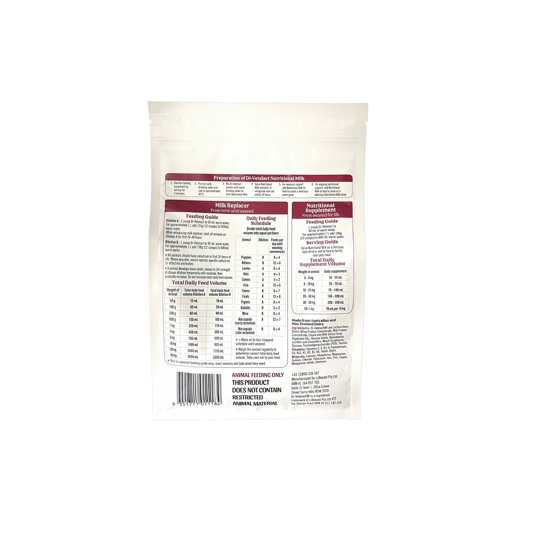 Di-Vetelact 450g Pouch Back of Pack feeding Guide and Instructions for use